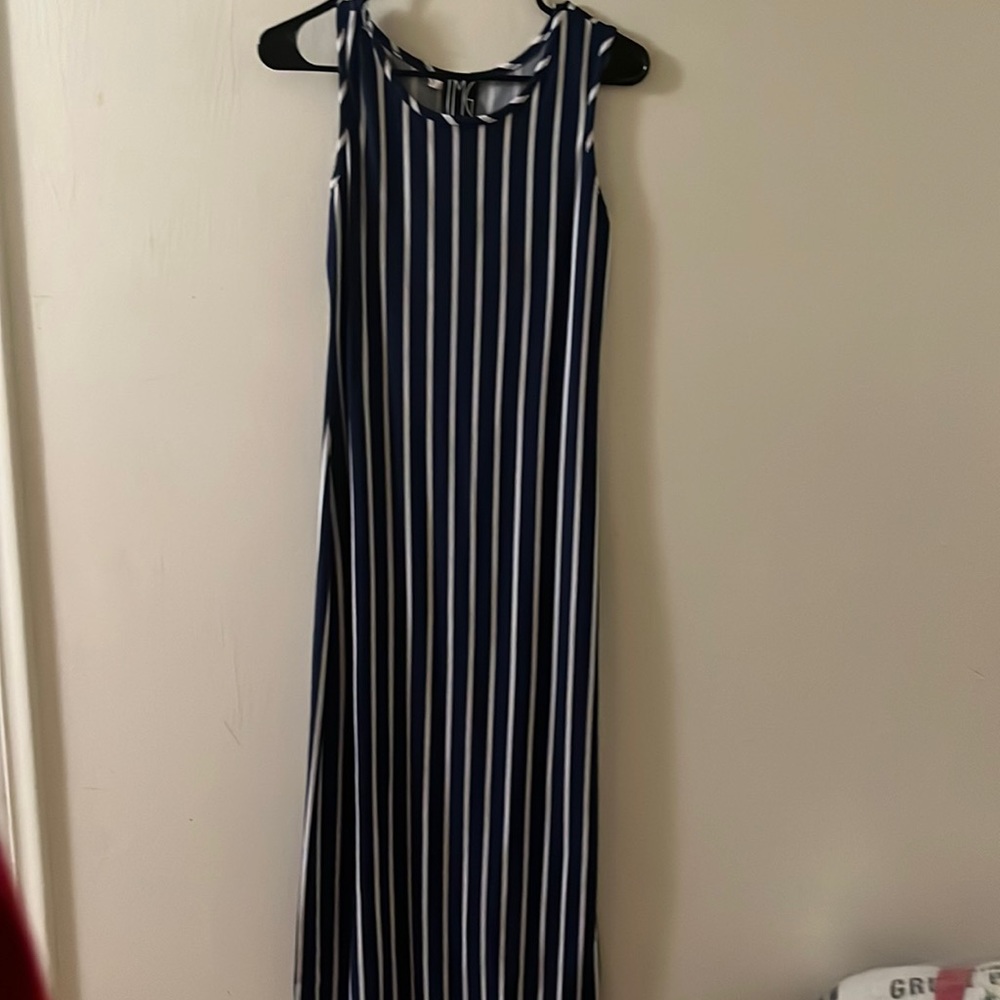 Navy and white striped full length dress